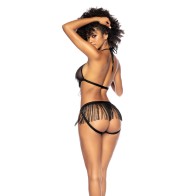 Fringe Halter Top and Open Back Bottom Set - Black