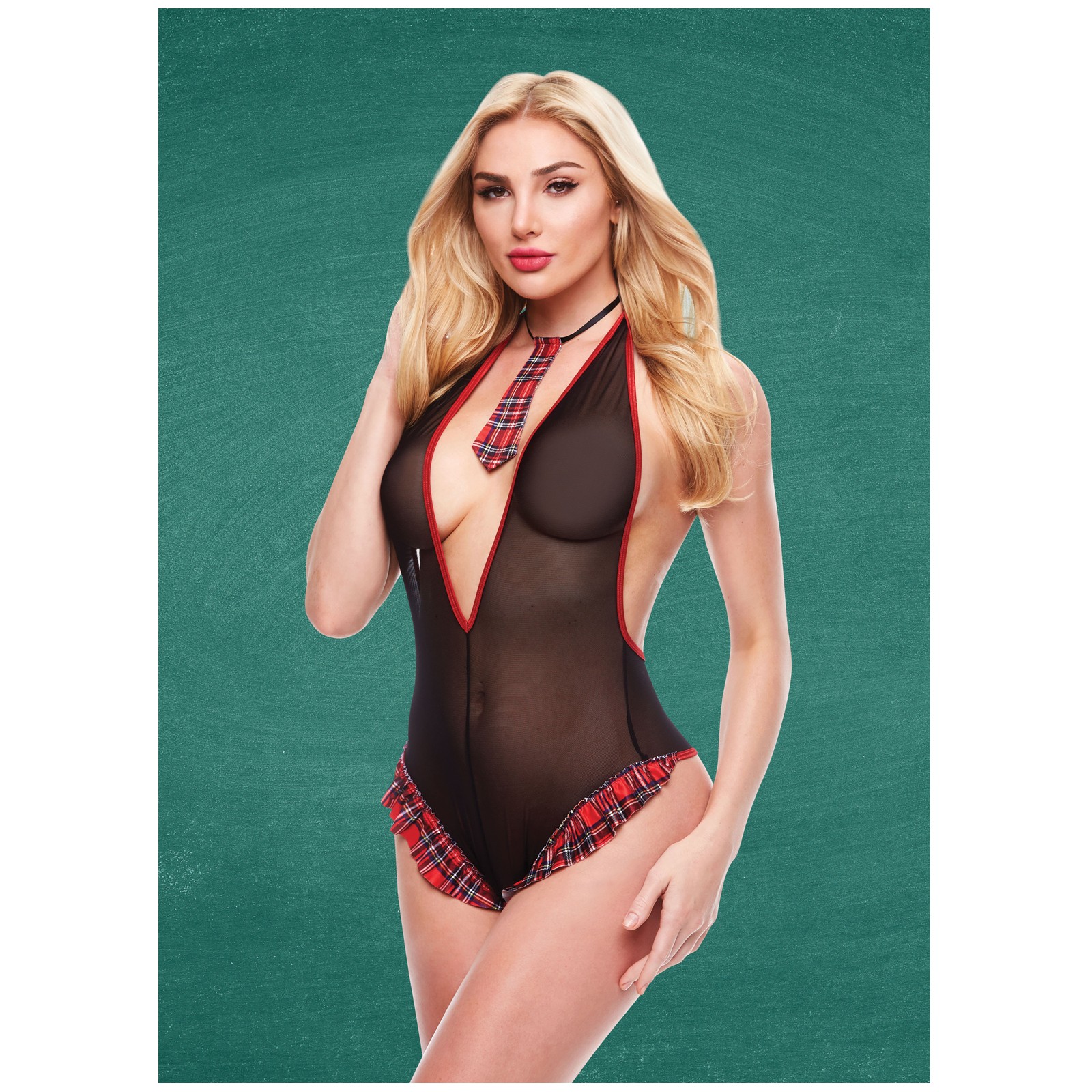 Teddy Escolar Crotchless Transparente Teacher's Pet - Negro/Rojo M/L