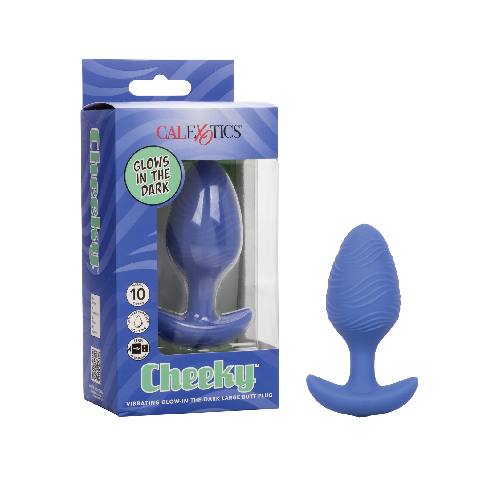 Cheeky Butt Plug Vibrante Brilla en la Oscuridad Grande Azul para Placer Intenso