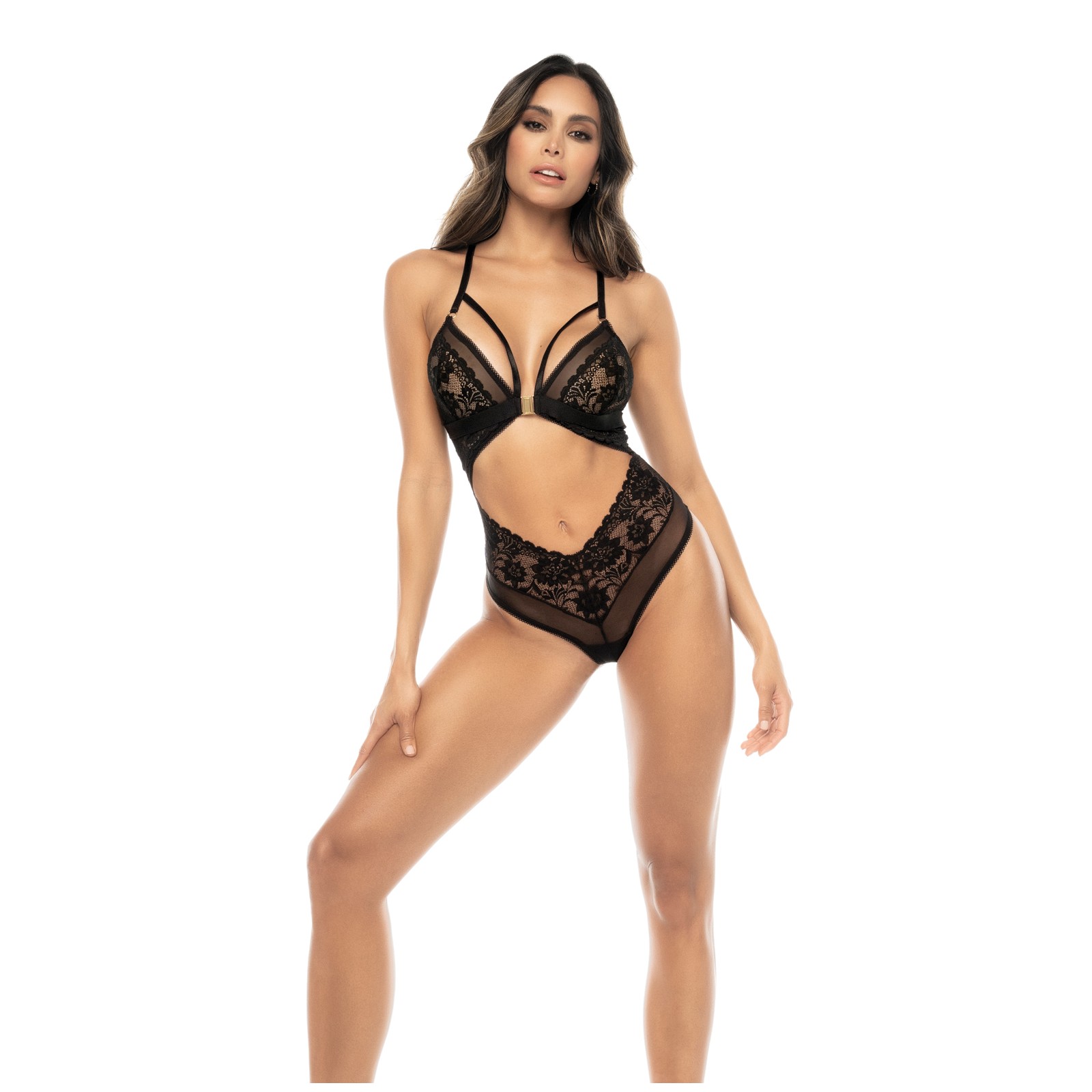 Lace & Mesh Teddy Front Clasp Black L/XL