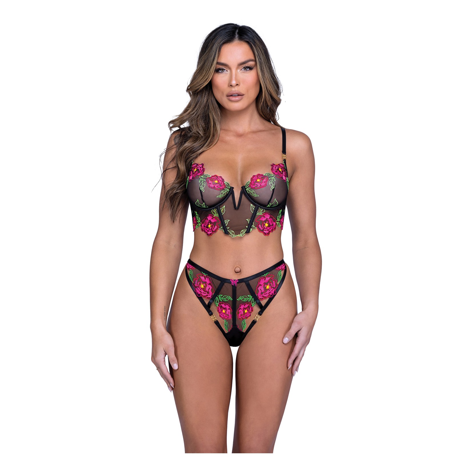 Peony Paradise Bralette & G-String Set - Black SM