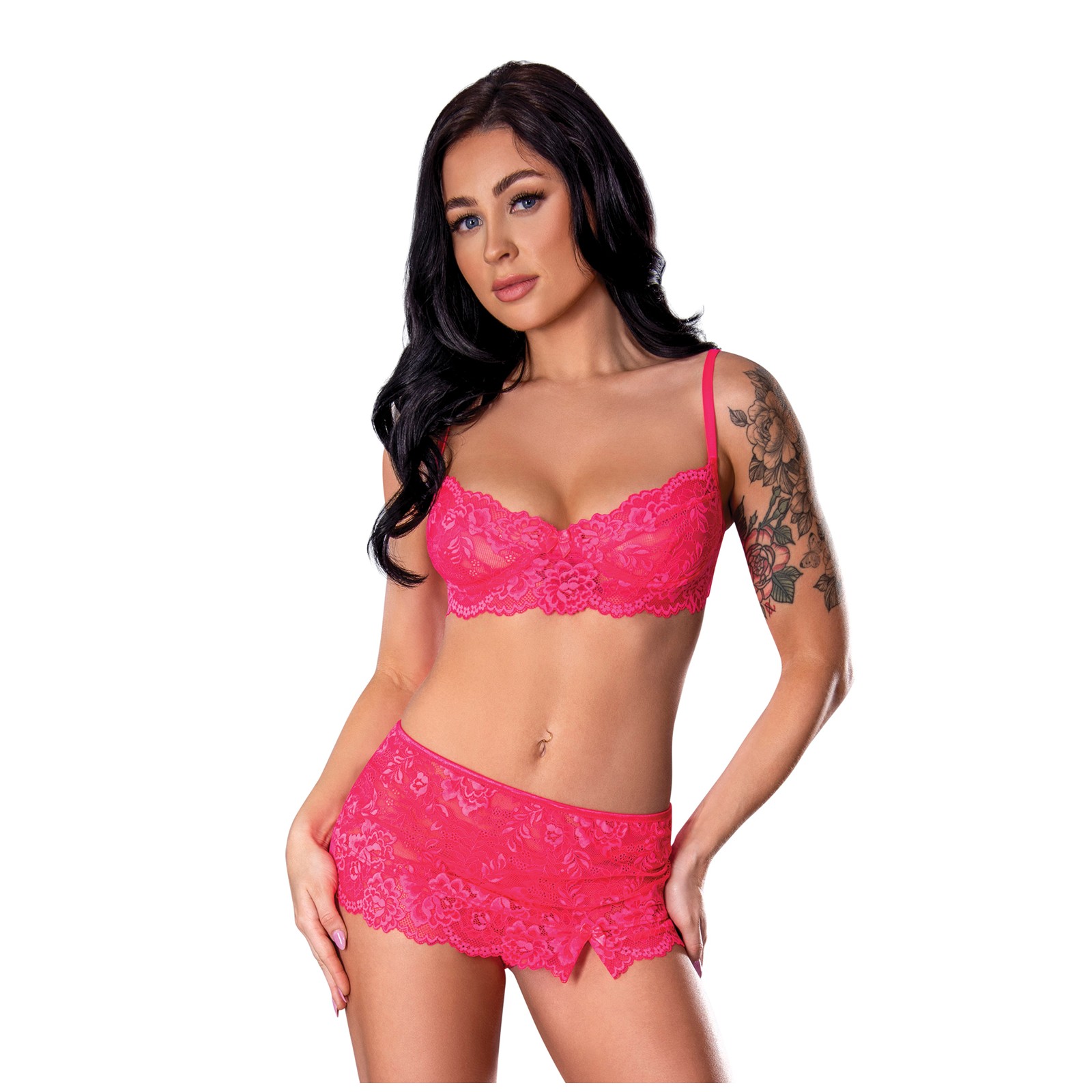 Get It Girl Lace Bra w/Skirt & Thong Set Pink S/M