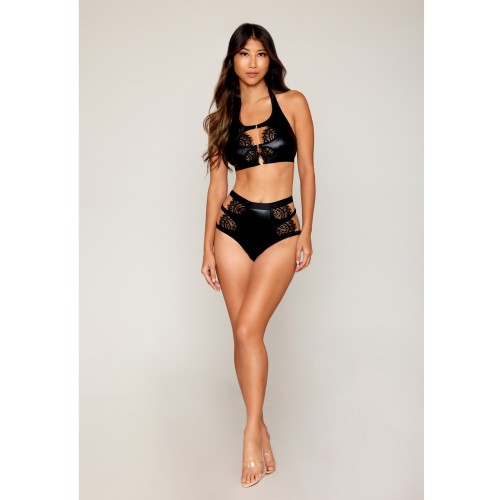 Conjunto de Bralette de Cuero Sintético y Encaje con Pestañas con Panty de Cintura Alta Negro SM