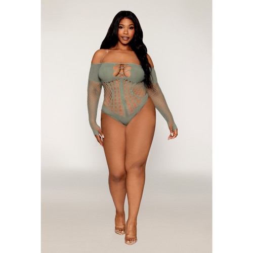 Long Sleeve Opaque Fishnet Teddy - Sage Green