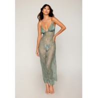 Eyelash Lace Satin Long Chemise with G-String Sage Green