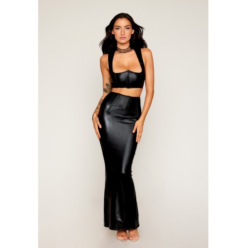 Stretch Faux Leather Harness Bra and Skirt Set - Black