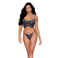 Velvet Applique Bustier with G-String - Twilight Blue S/M