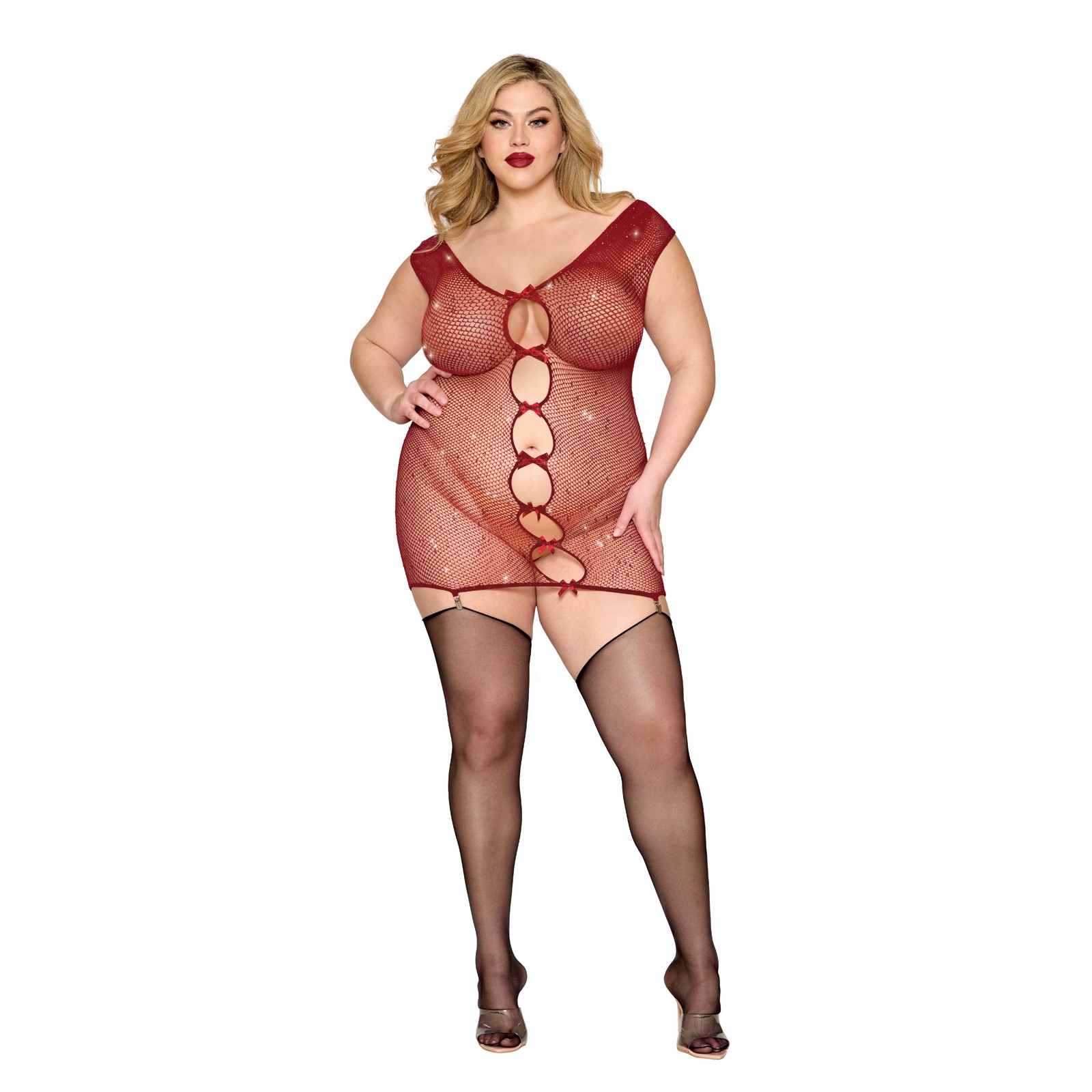 Luxurious Seamless Rhinestone Chemise with Suspenders - Ox Blood