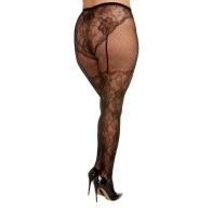 Lace and Fishnet Pantyhose with High Waisted Lace Panty Design Black