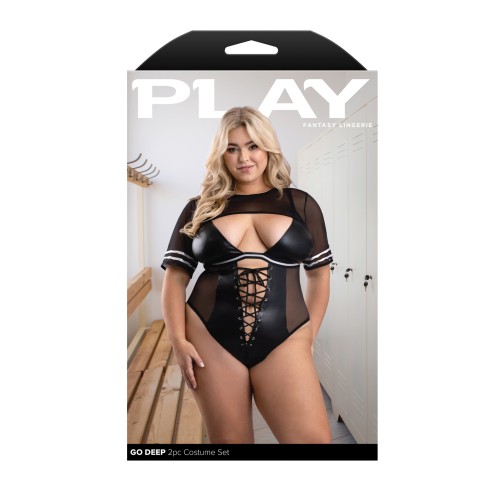 Play Go Deep Lace-up Bodysuit w/Mesh Jersey Shrug - Black 1X/2X