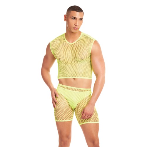 Rainbow Party Net-Bula Large Mesh Long Brief 3 pc Set w/Thong - Yellow L/XL