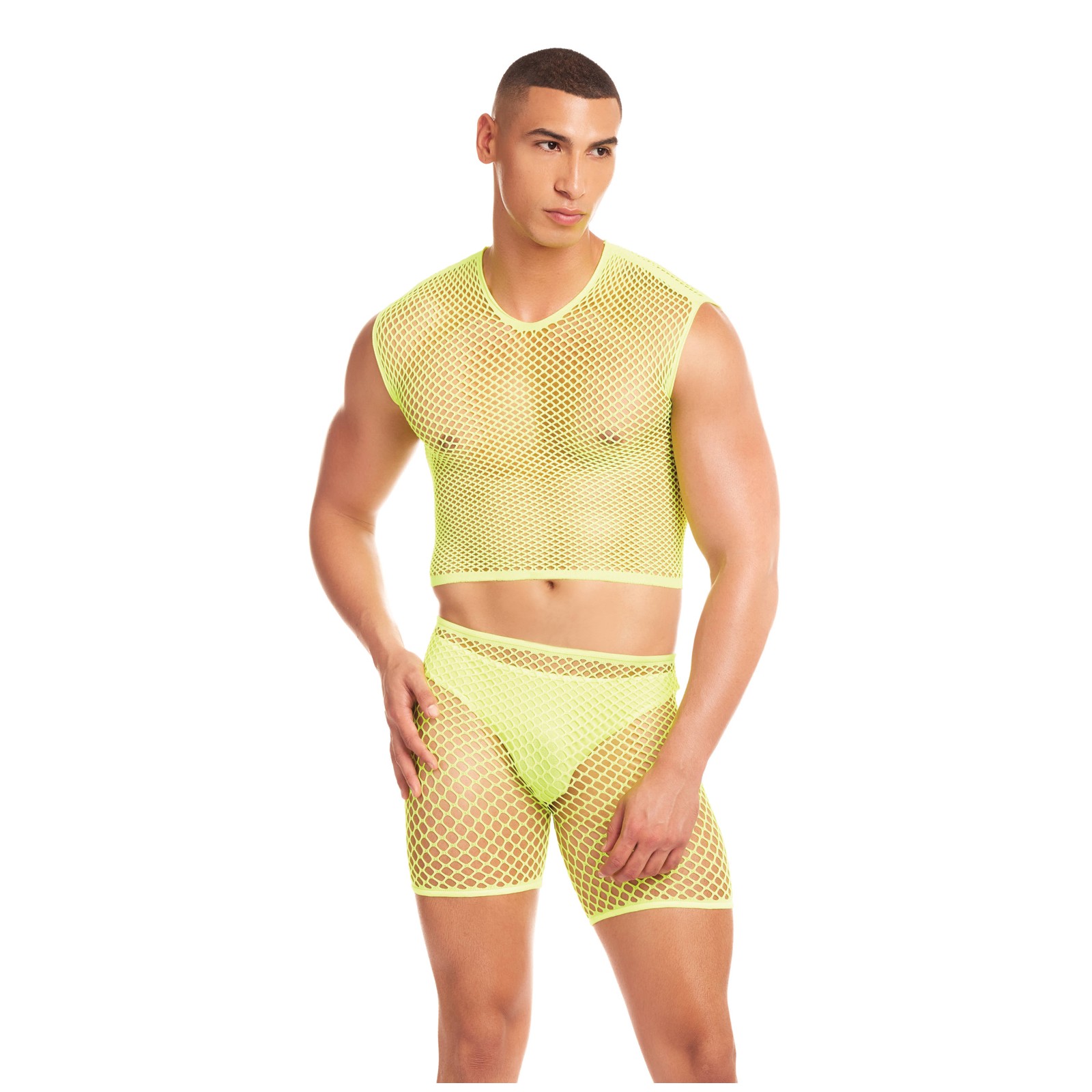 Rainbow Party Net-Bula Large Mesh Long Brief 3 pc Set w/Thong - Yellow L/XL