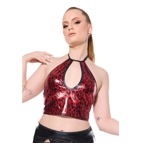 Darque Metallic Wet Look Keyhole Halter Top - Red/Black LG