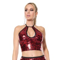 Darque Metallic Wet Look Keyhole Halter Top - Red/Black LG