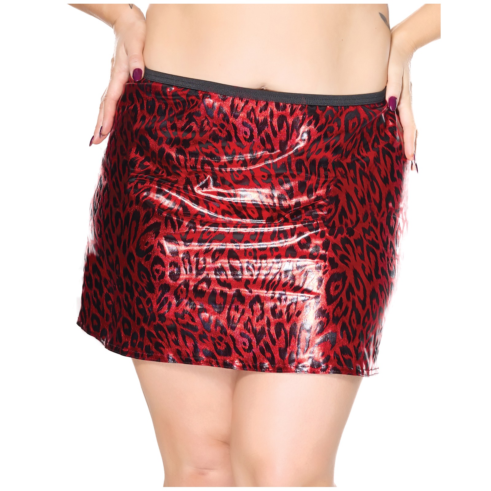 Darque Metallic Wet Look Skirt Red/Black 1X/2X