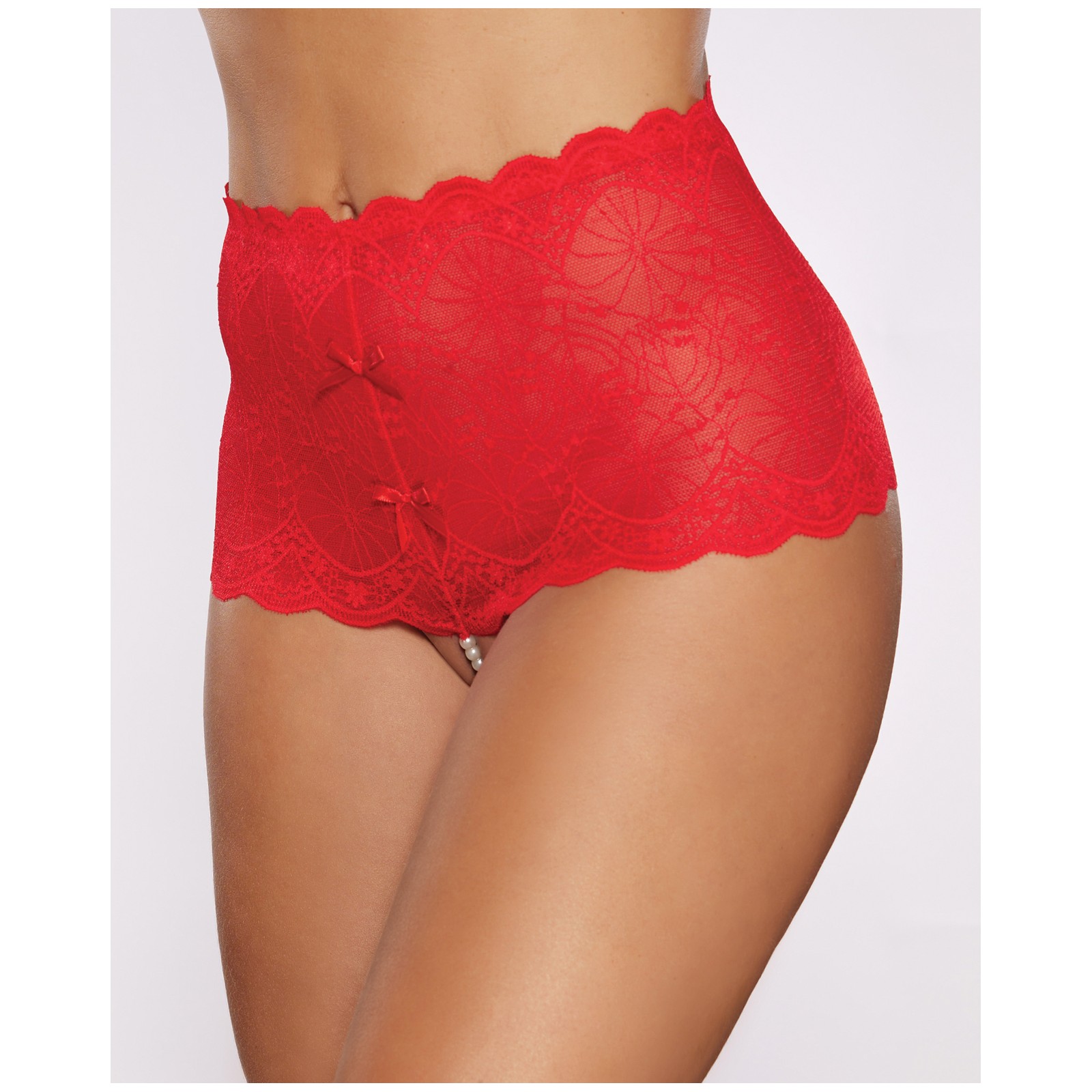 Allure Passion y Perlas Cintura Alta Crotchless Rojo Talla Única