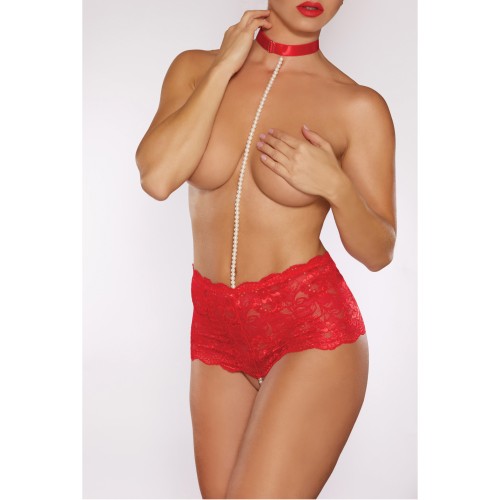 Panty Crotchless Posh & Spicey con Collar y Perlas - Rojo Talla Única