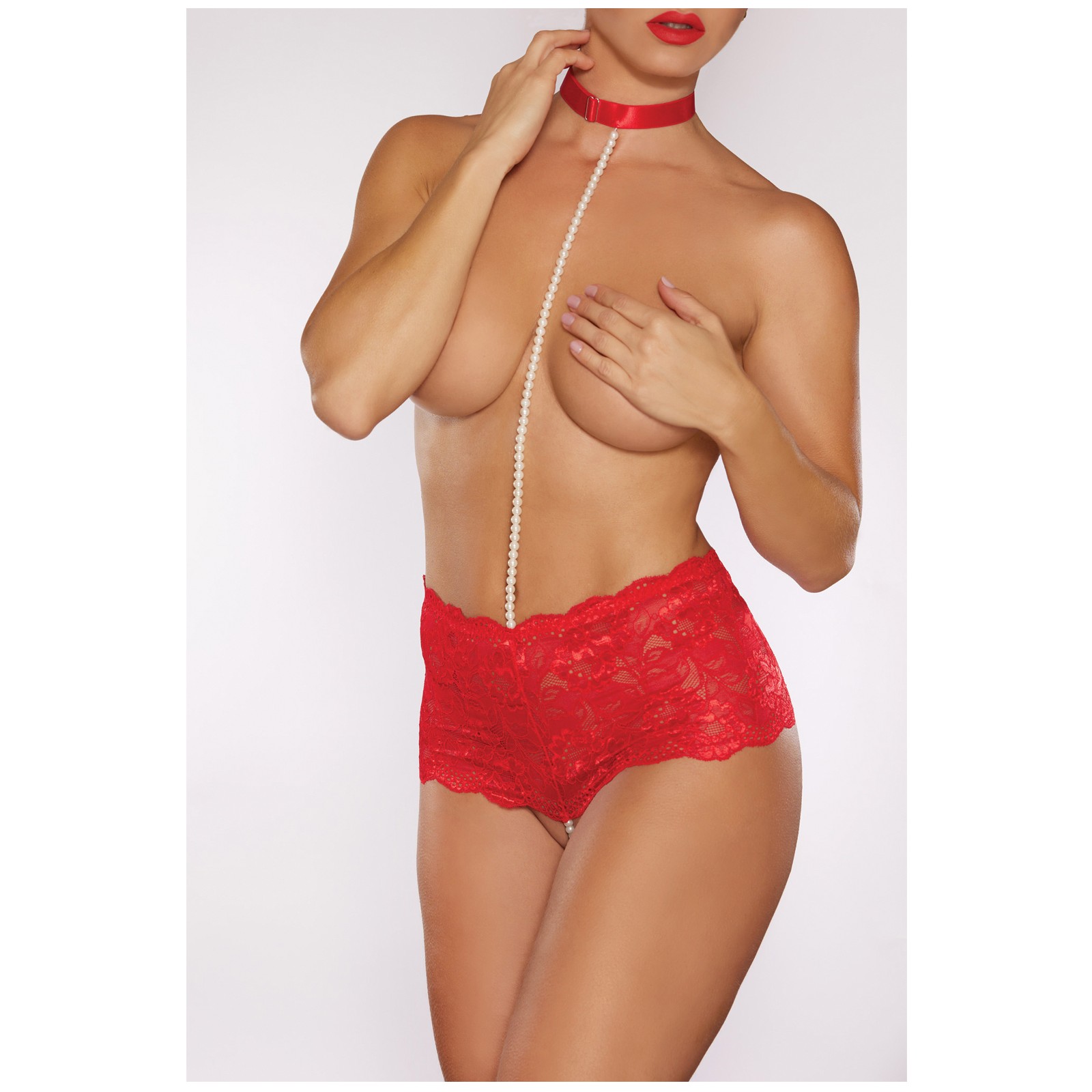 Panty Crotchless Posh & Spicey con Collar y Perlas - Rojo Talla Única