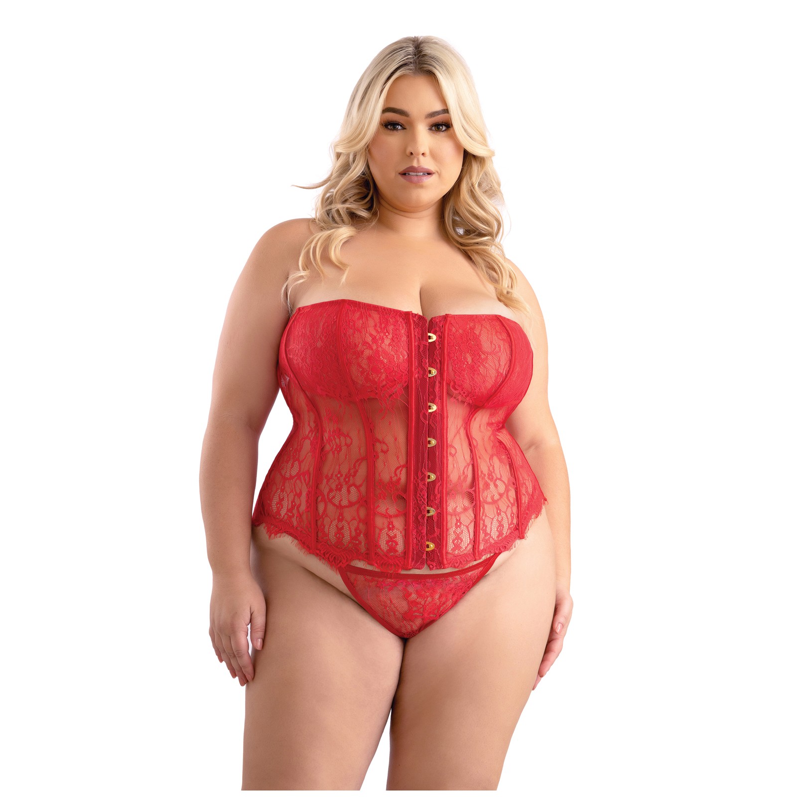 Eyelash Lace Corset with G-String Red 1X/2X