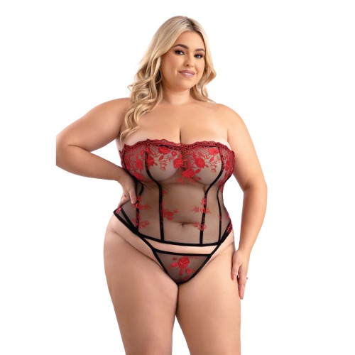 Corset de Malla Bordado Floral con G-String Rojo/Negro