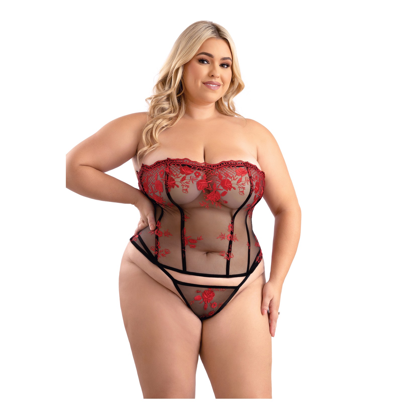 Corset de Malla Bordado Floral con G-String Rojo/Negro