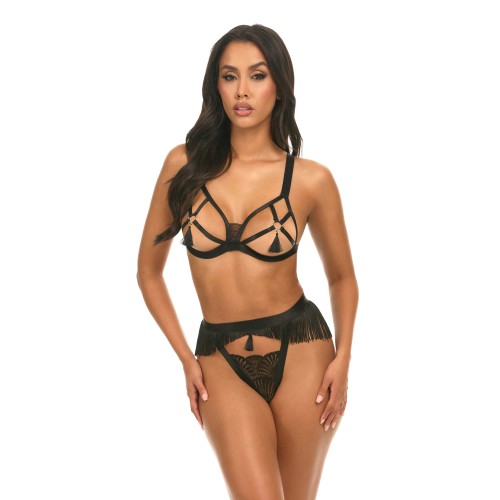 Annika Open Cup Bra Set with Fringe Black L/XL