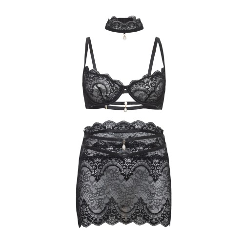 Conjunto de Lencería Perla 3 Piezas Negro L/XL