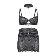 Perla Lace 3 Piece Set with Pearl Details Black