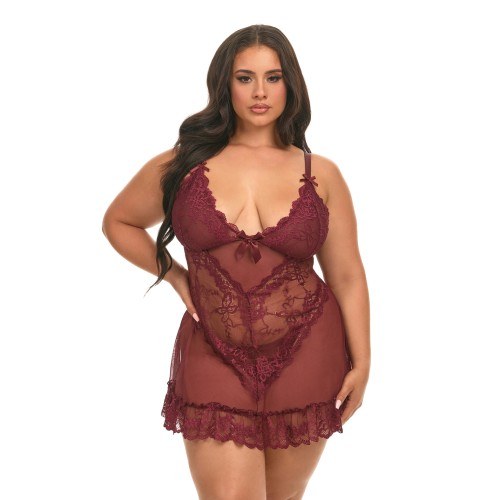 Valentine Lacey Babydoll with G-String in Zinfandel Size 1X/2X