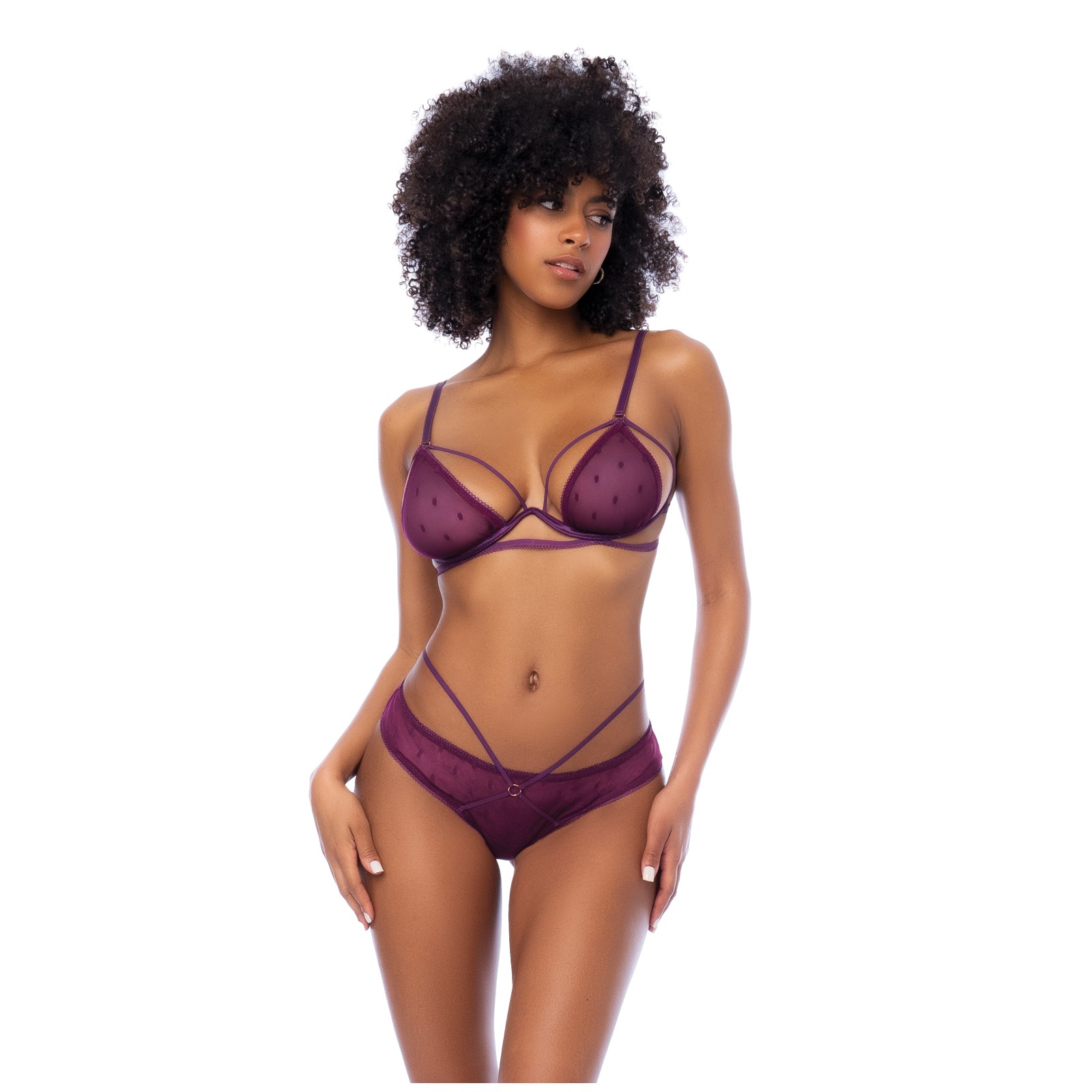 Dot Mesh Underwire Top and Open Back Panty - Wine