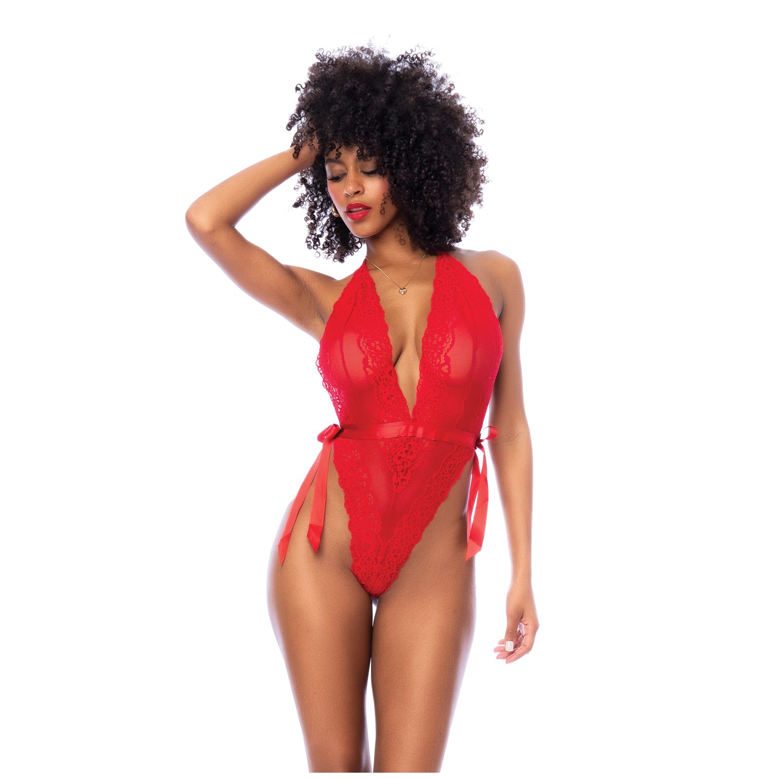 Lace Deep-V Halter Teddy in Red Size L/XL