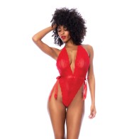 Lace Deep-V Halter Teddy in Red Size L/XL