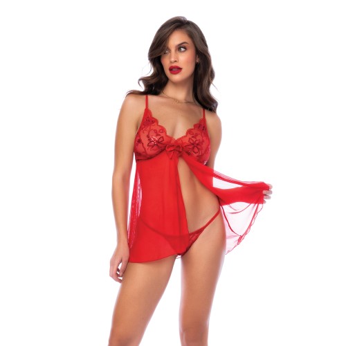 Sequin Embellished Babydoll with G-String Red