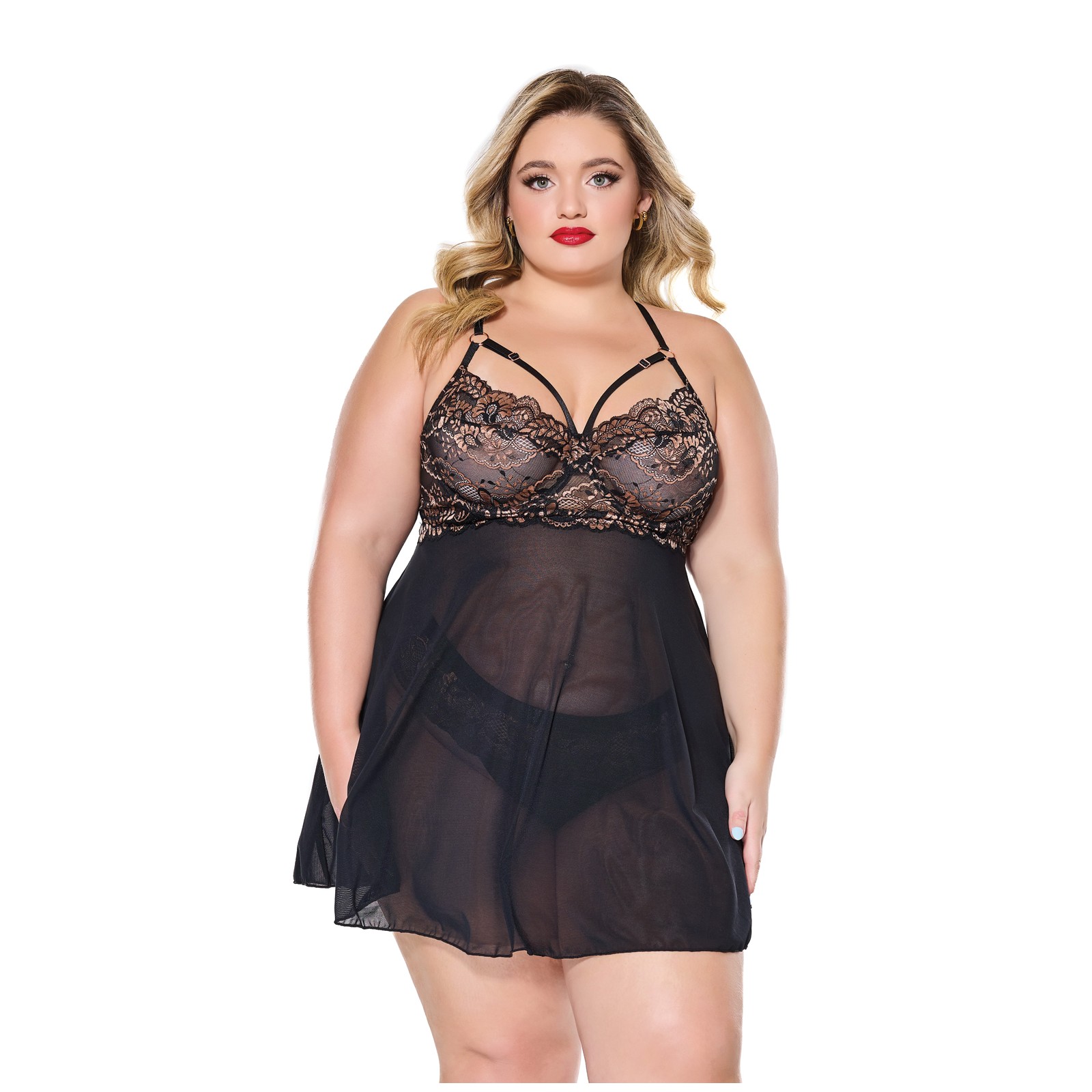 Babydoll de Encaje y Malla Negro/Oro Rosa