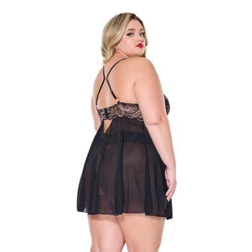 Babydoll de Encaje y Malla Negro/Oro Rosa