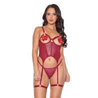 Bustier de Encaje y Malla con Estiramiento Metálico Tanga Rojo XL