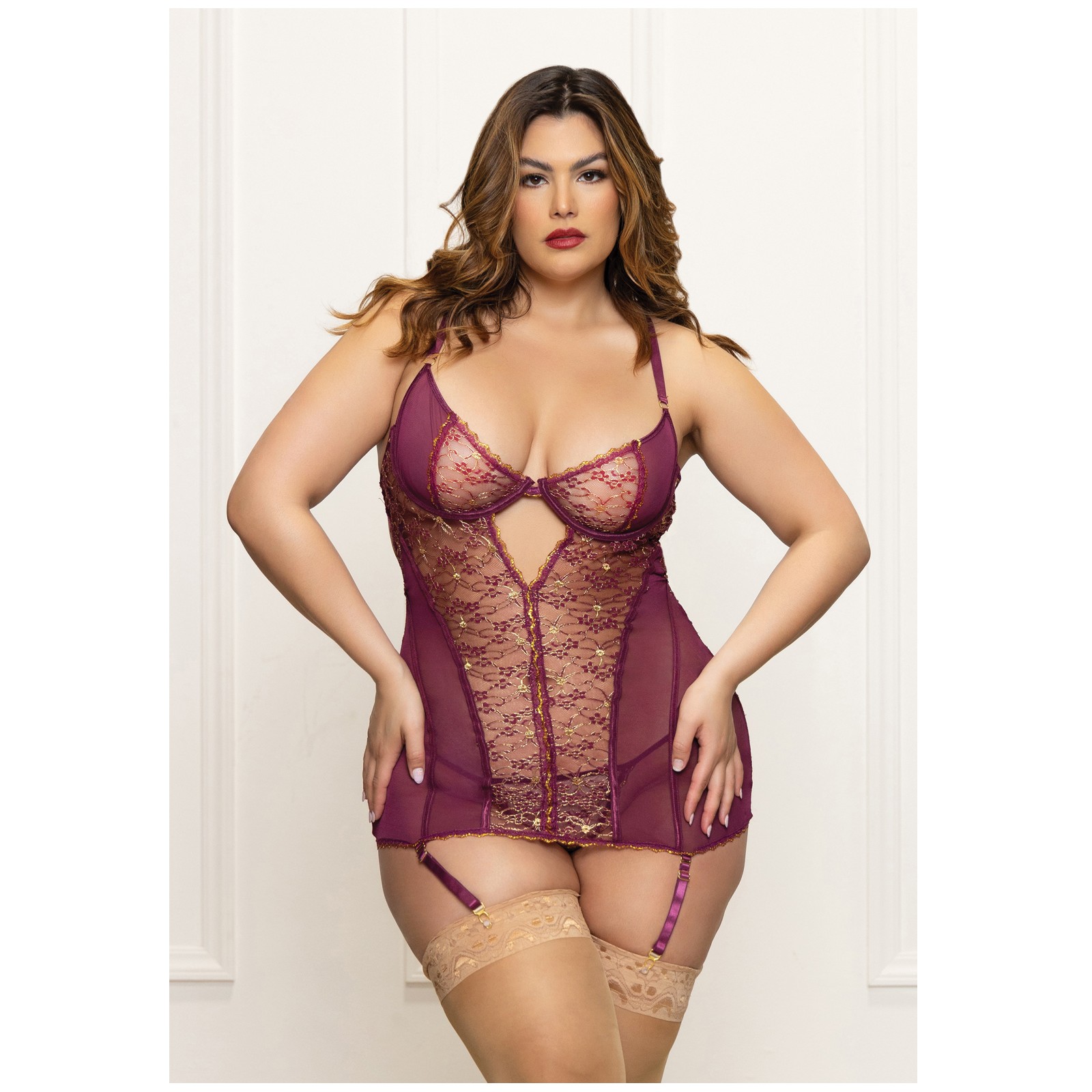 Metallic Lace Gartered Chemise and Thong Plum 1X/2X