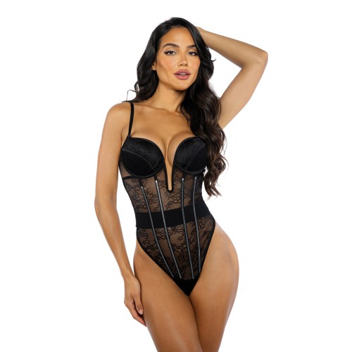 Belle Noir Chantilly Lace & Satin Teddy - Black XL