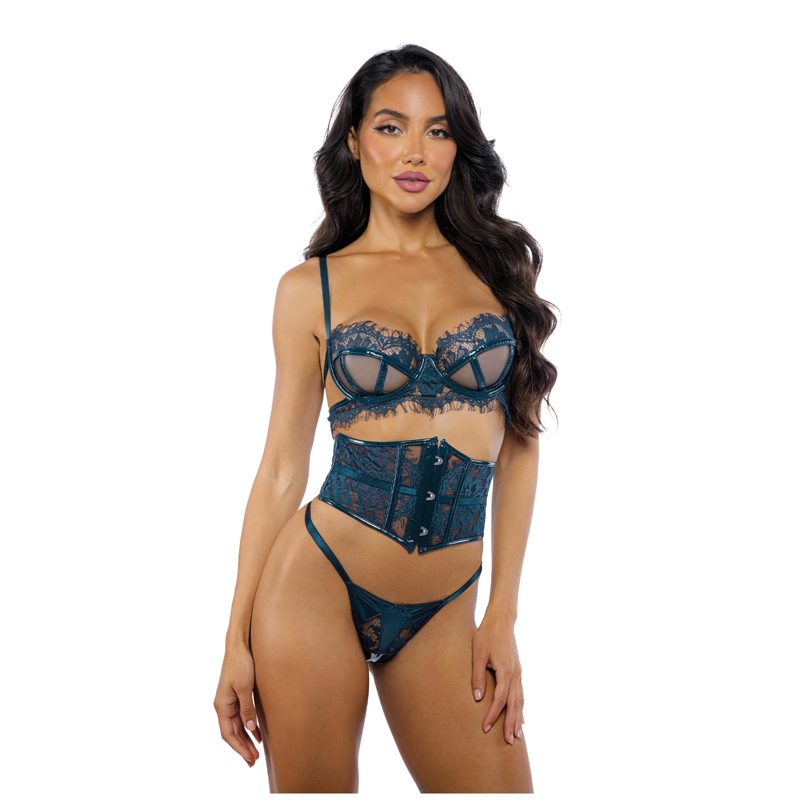 Eden Scalloped Eyelash Lace Wet Look Waspie Set Teal XL