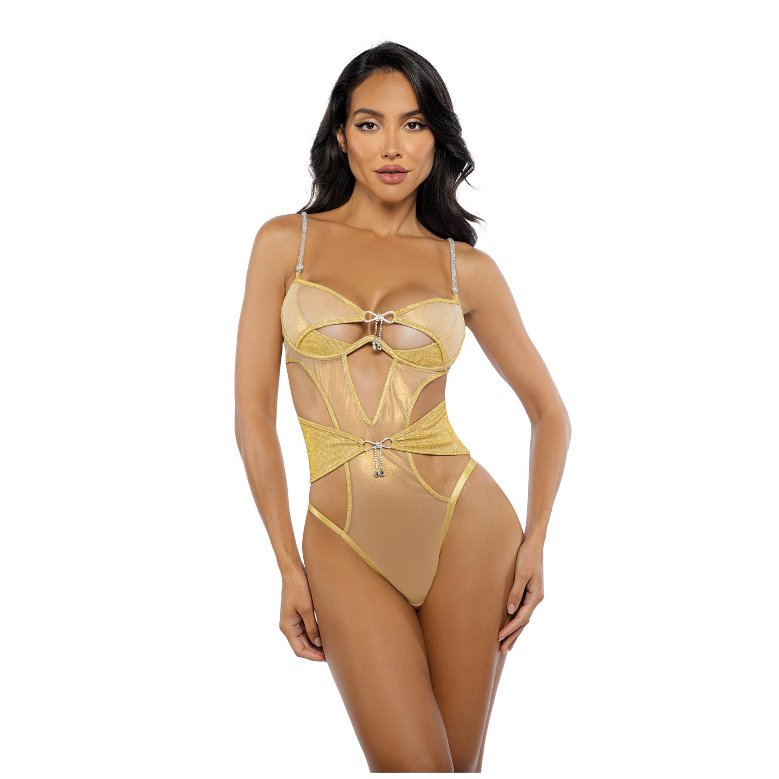 Gilded Beauty Metallic Shimmer Mesh Teddy with Rhinestone Accents - Gold XL