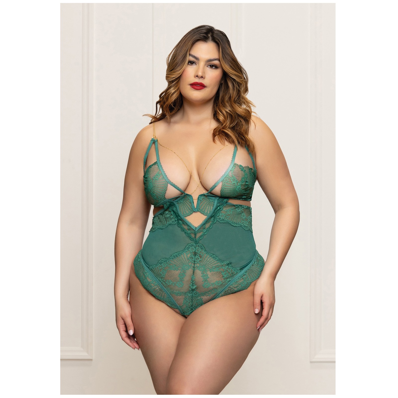 Lace and Mesh Open Crotch Teddy Green