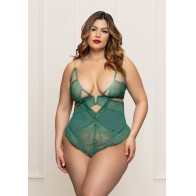 Lace and Mesh Open Crotch Teddy Green