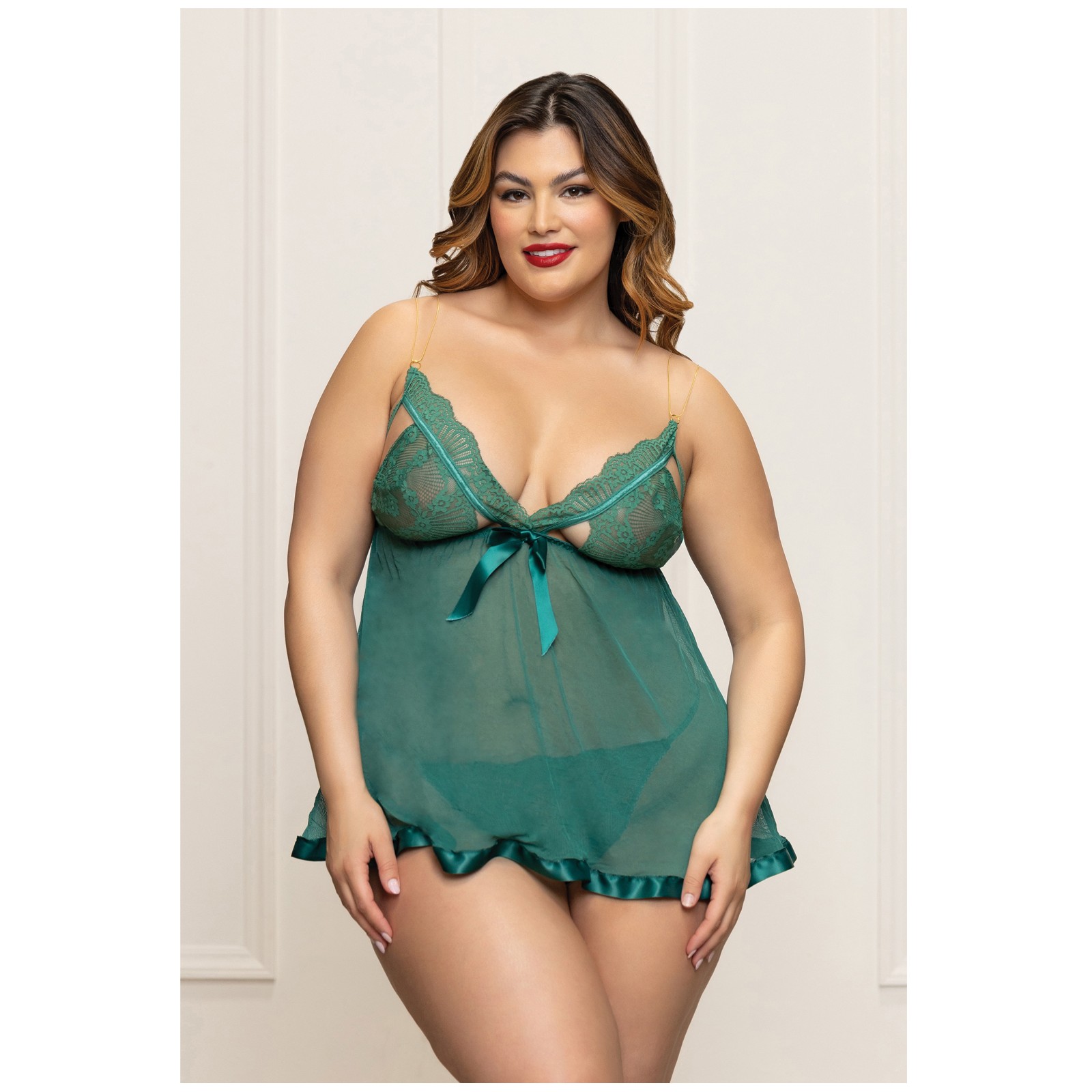 Babydoll de Encaje y Malla con Tirantes Dorados