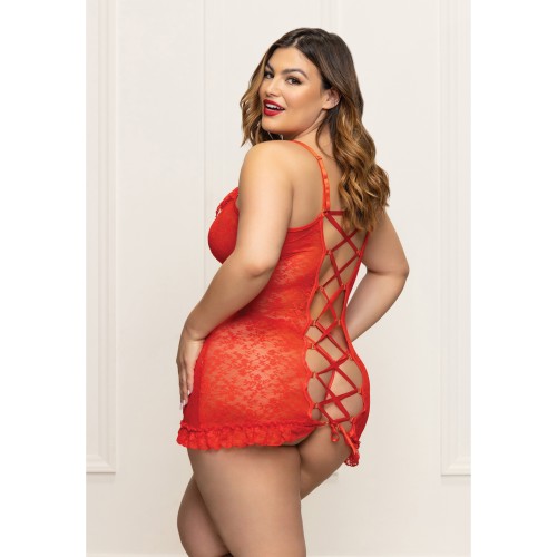 Lace Chemise with Ruffle Trim and G-String Red Queen Size