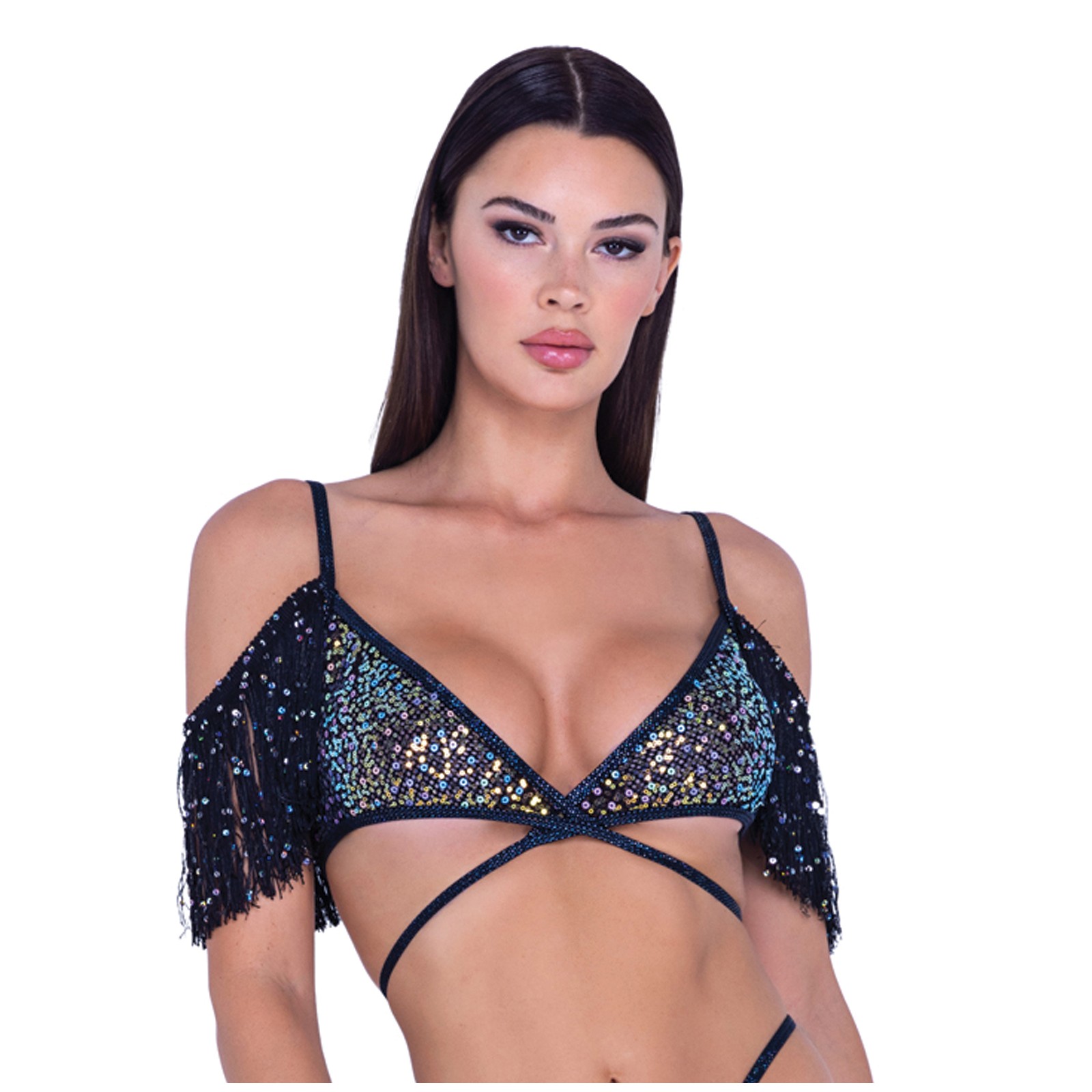 Sequin Fishnet Fringe Top Black Multi Small