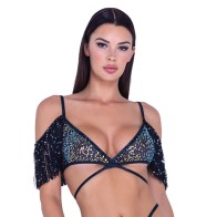 Sequin Fishnet Fringe Top - Black/Multi