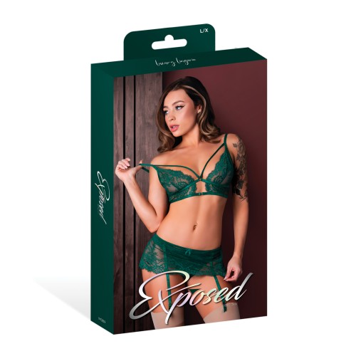 Evermore Bralette Skirt Garter Thong Set - Emerald L/XL