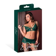 Evermore Bralette Skirt Garter Thong Set - Emerald L/XL