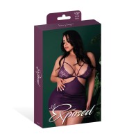 Conjunto de Chemise de Cuero y Encaje de Malla elástica con Tanga - Ciruela 2X