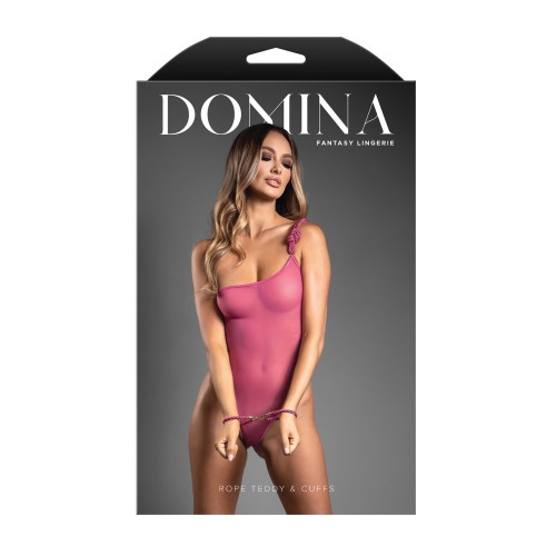 Domina One-Shoulder Sheer Pink Teddy with Rope Cuffs